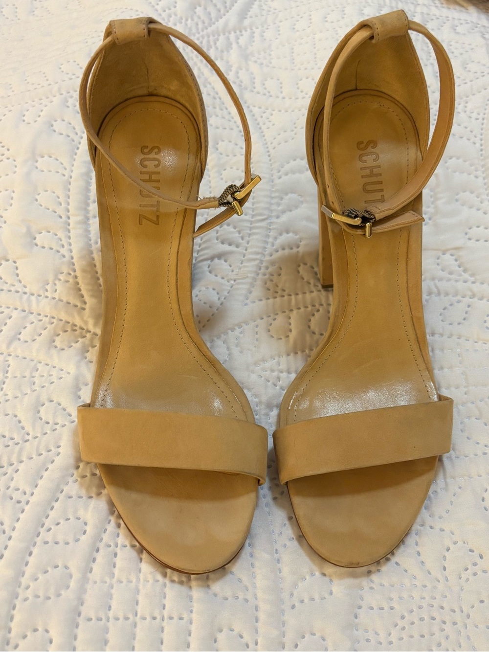 Schutz Enida Suede Block Heel Sandals Nude Beige size 8
